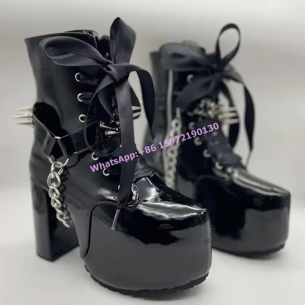 Ribbon Tied Rivet Black Boots  - огляд і ціна Ribbon Tie Heel