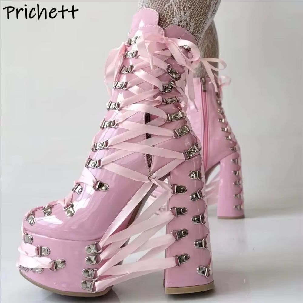 Black Pink Cross Tied Ankle Bo - огляд і ціна Ribbon Tie Heel