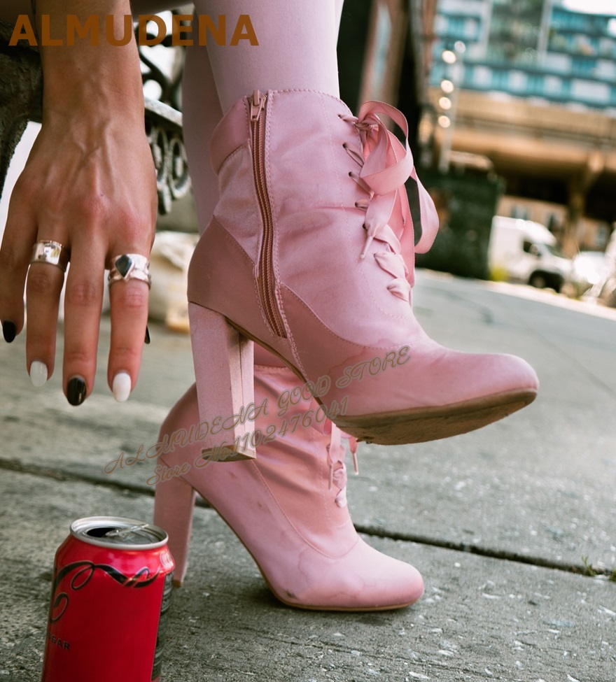 ALMUDENA Pink Satin Chunky Hee - огляд і ціна Ribbon Tie Heel