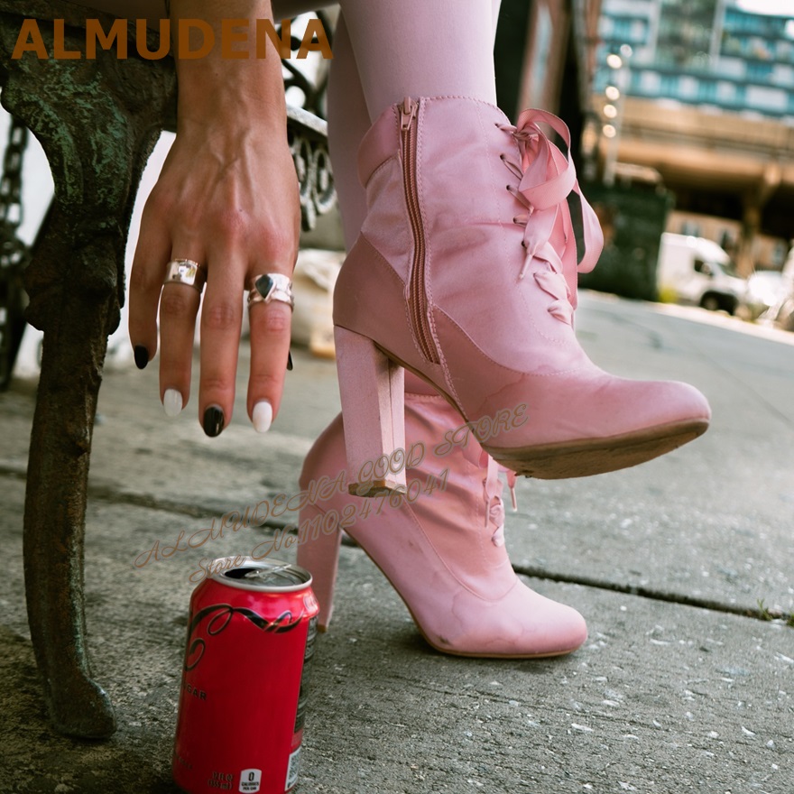 ALMUDENA Pink Satin Chunky Hee - огляд і ціна Ribbon Tie Heel