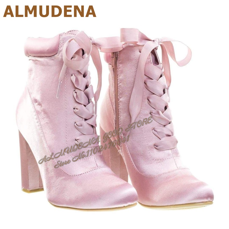 ALMUDENA Pink Satin Chunky Hee - огляд і ціна Ribbon Tie Heel