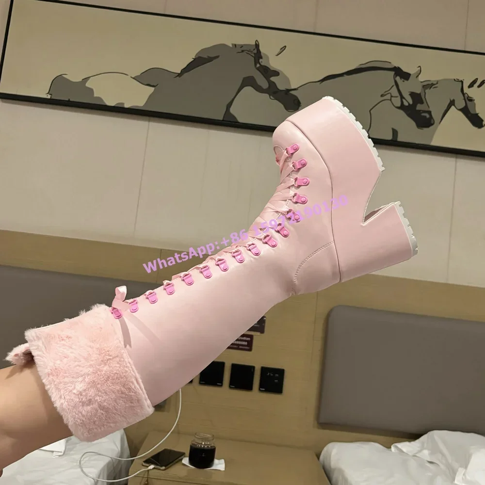 Pink Furry Boots Thick Soled L - огляд і ціна Ribbon Tie Heel