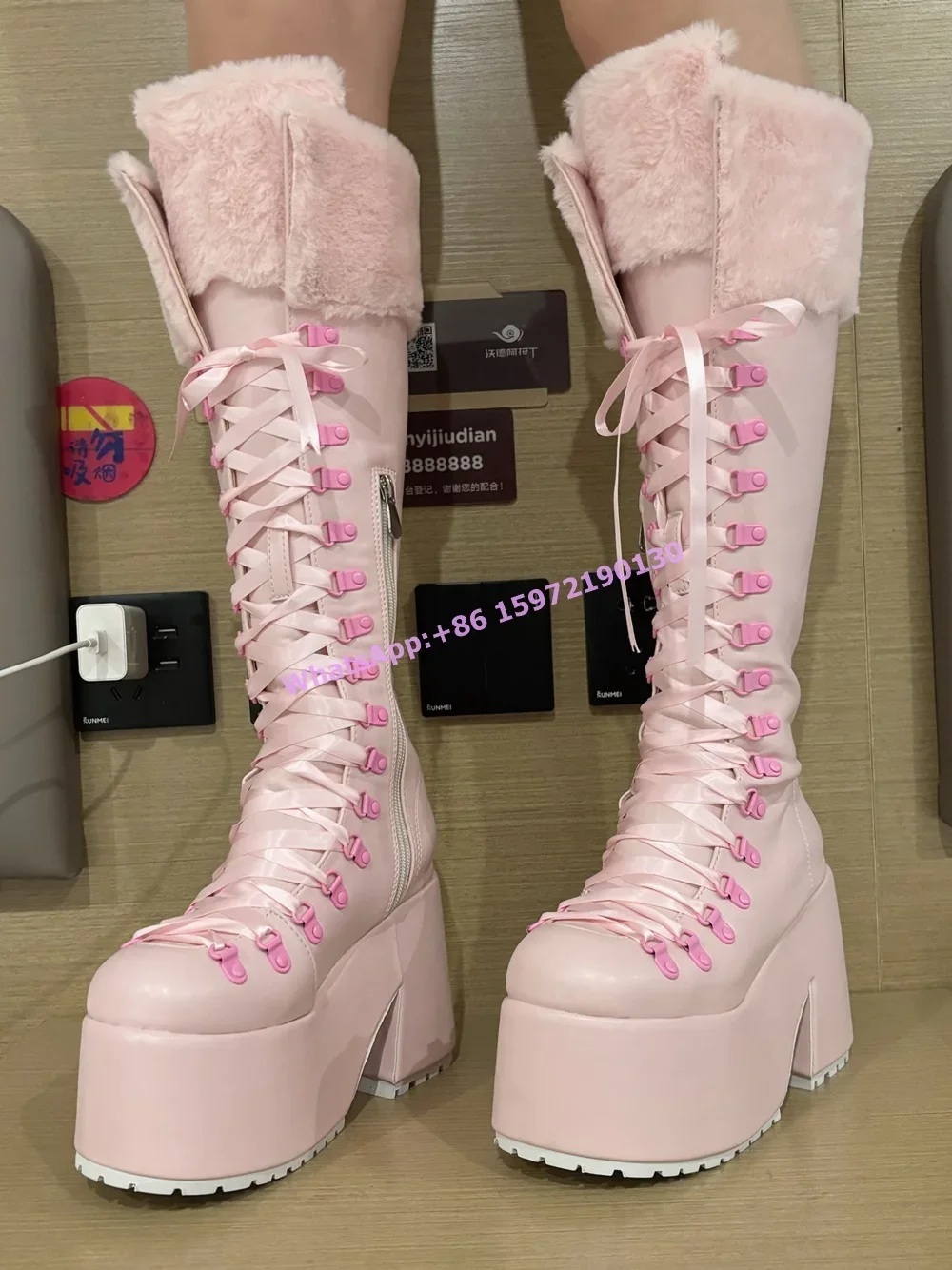 Pink Furry Boots Thick Soled L - огляд і ціна Ribbon Tie Heel