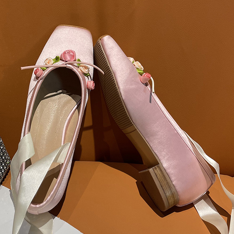 Women Pink Satin Square Toe Lo - огляд і ціна Ribbon Tie Heel
