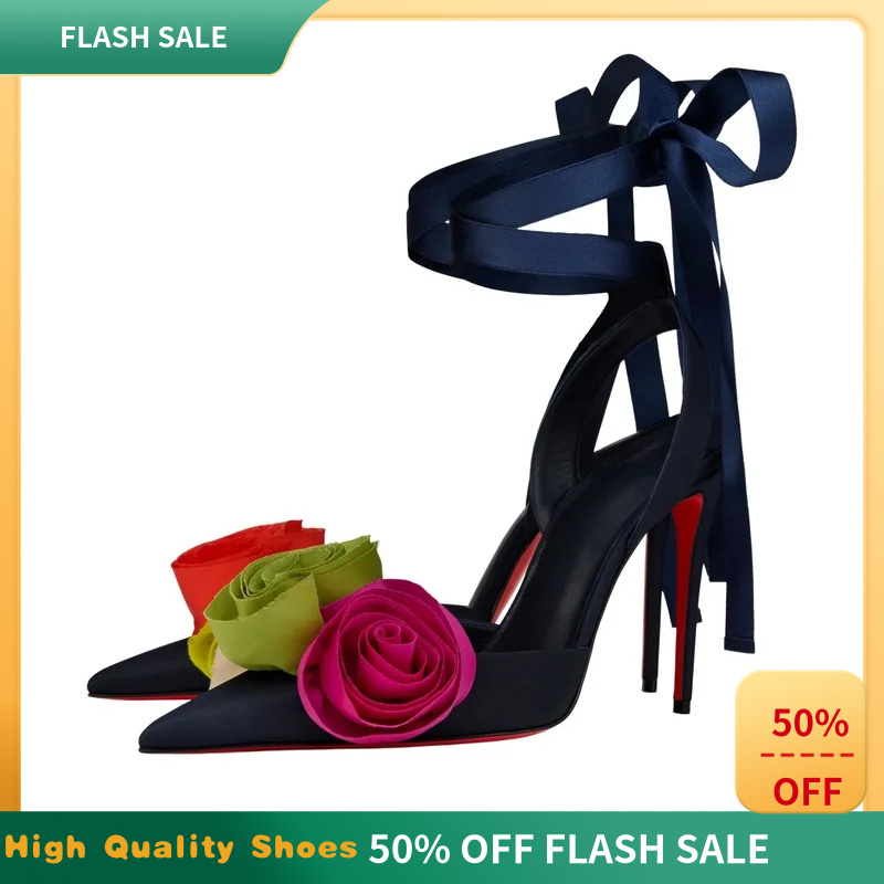 Women Elegant Glam Floral Sati - огляд і ціна Ribbon Tie Heel