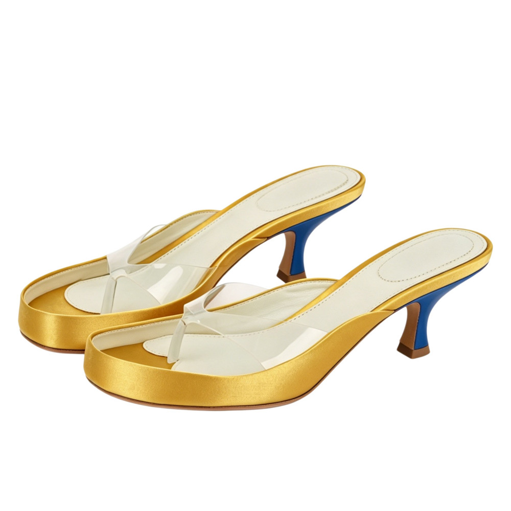 Women Gold Satin Thong Mules C - огляд і ціна Clear Strap Heel
